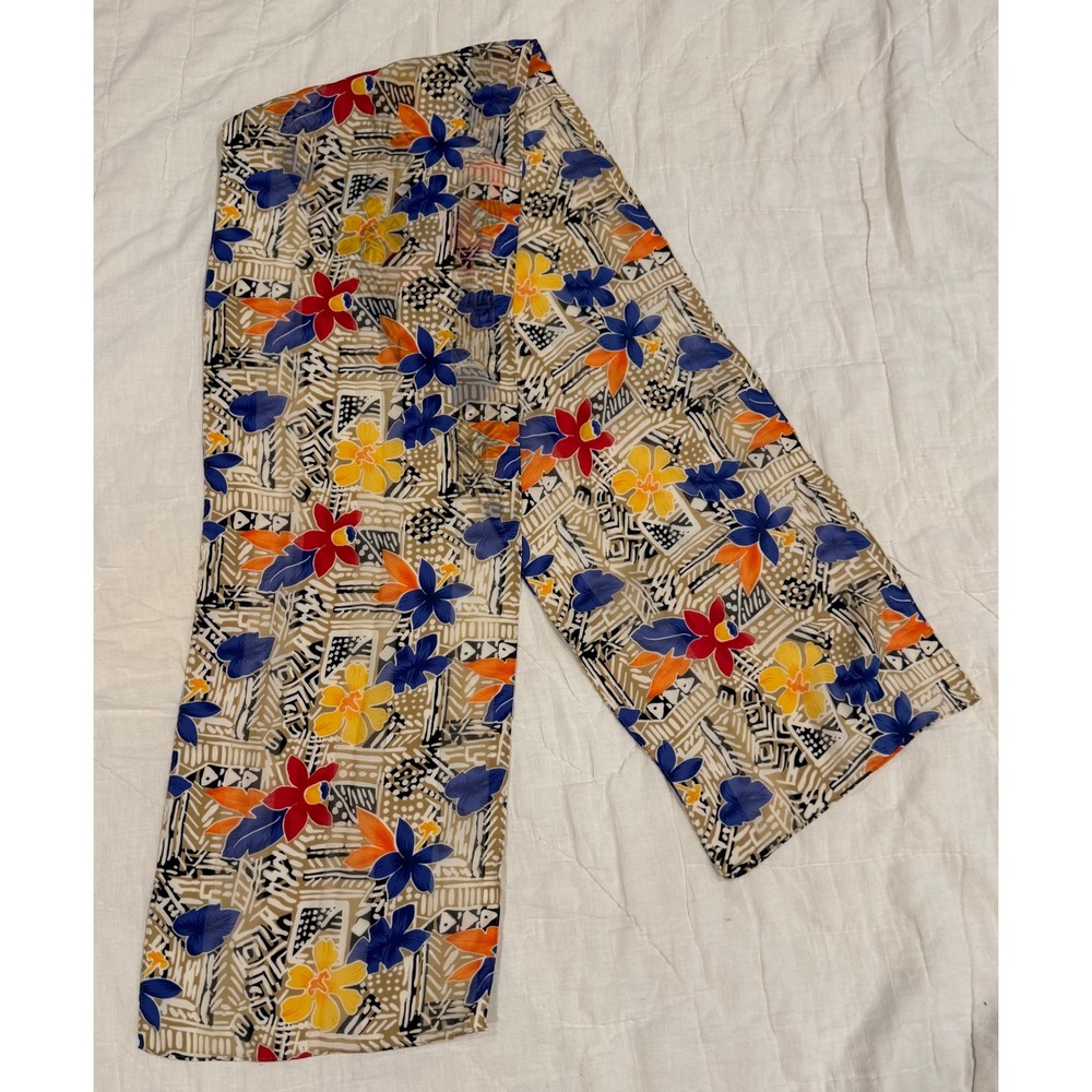 Vintage Tropical Floral Hibiscus Geometric Print Scarf Blue Orange Tan - Picture 4 of 5